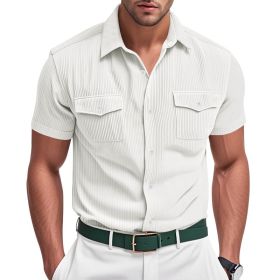 Loose Heavy Lapel Corduroy Workwear Short Sleeve Shirt (Option: White-S)